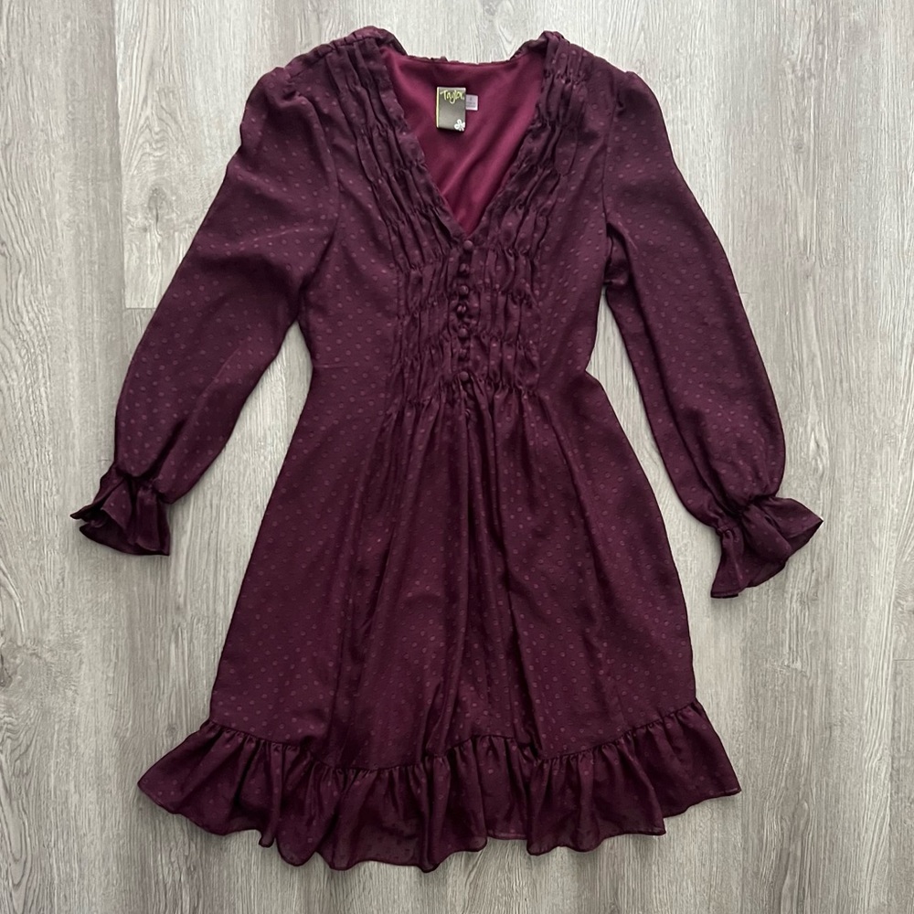 Long sleeve purple burgundy ruffle dor detail dress business